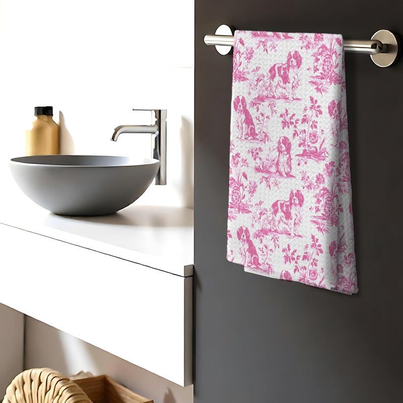Nipil Pink Chinoiserie Cavalier King Charles Spaniel Kitchen Towels,Grandmillennial Botanical Dog Hand Towels for Kitchen Bathroom,King Cavalier Charles Gifts, 16x24 Inch - Image 3